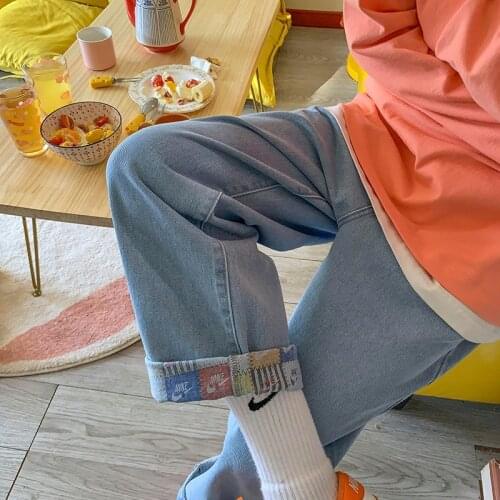 2021 mens autumn new cuffed printed jeans loose straight cropped trousers