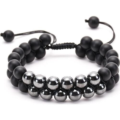 Natural black round haematite and matte onyx double row healing bangle handmade macrame bracelet for man daily jewelry