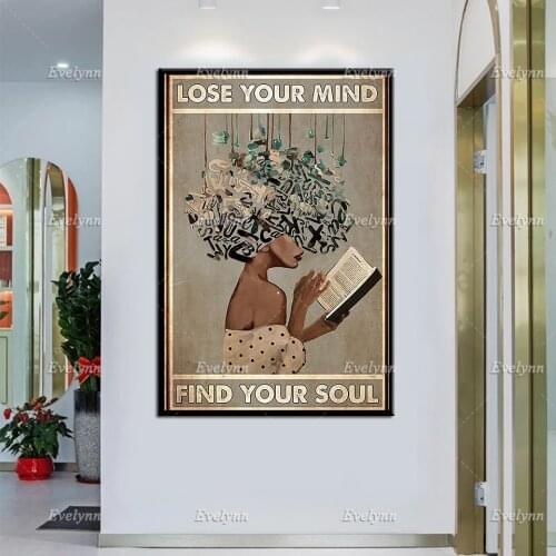 Lose Your Mind Find Your Soul Poster, Love Reading Prints, Black Reading Girl Vintage Poster, Book Girl, Home Decor, Wall Art