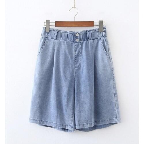 Plus Size L-5XL Womens Summer Blue Denim Shorts Elastic Waist Wide Leg Shorts