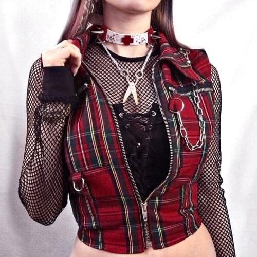 Ruibbit Summer New Arrival Gothic punk women Red Chain Plaid zipper crop tank tops fashion slim chic sexy club short tank tops