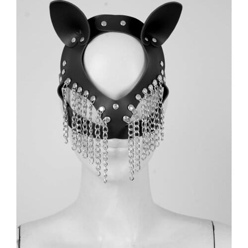 Sexy Leather Cosplay Face Eye Mask Halloween Masquerade Bar Nightclub KTV Party Show Mysterious Women Animal Style Metal Tassel