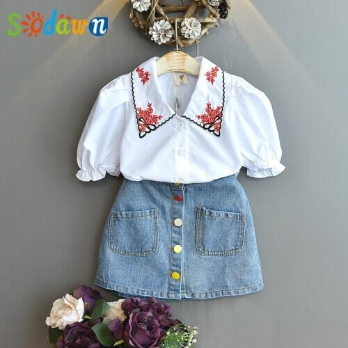 Sodawn Sodawn Girls Clothes Fashion Cartoon Print Lace Top + Denim Sequin Skirt Suit Girls Clothing Sets