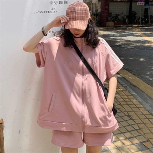 Loose BF Oversized Sets Women Solid Zipper Sweater Elastic High Waist Wide Leg Soft Pants Simple Casual Korean Daily Student Sui