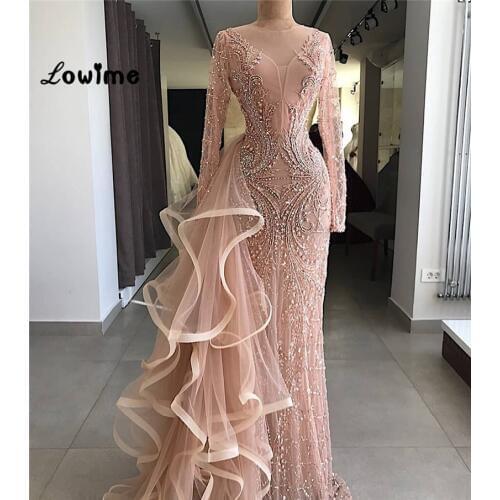 Couture Mermaid Formal Evening Dresses With Long Sleeves Handmade Beaded Crystal Tulle Illusion Party Gown For Weddings 2018