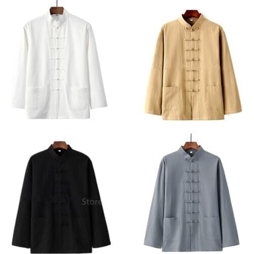 Traditional Chinese Style New Year Hanfu Men Tops Wu Tang Clan Solid Linen Tai Chi Wushu Outfit Vintage China Shirt Clothing