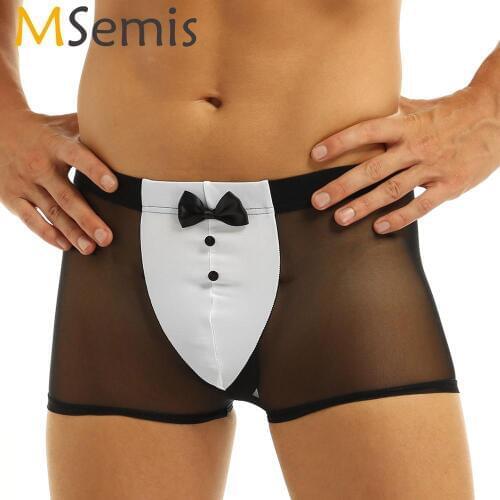 Mens Butler Waiter Tuxedo Lingerie Boxer Brief See Through Mesh Underwear with Back Rabbit Ears Sissy Pouch Panty Sexy Costumes