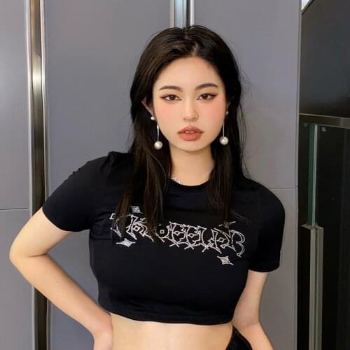 Y2K baby Summer Skinny Women Graphic T Shirts Navel Trend Rhinestone print Stretchy Short Sleeve Kawaii Crop Top Grunge clothing
