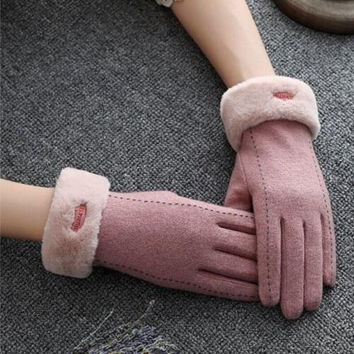 Women Winter Driving Faux Wool Full Finger Gloves Thicken Plush Lined Letters Label Solid Color Windproof Touch Screen Mittens