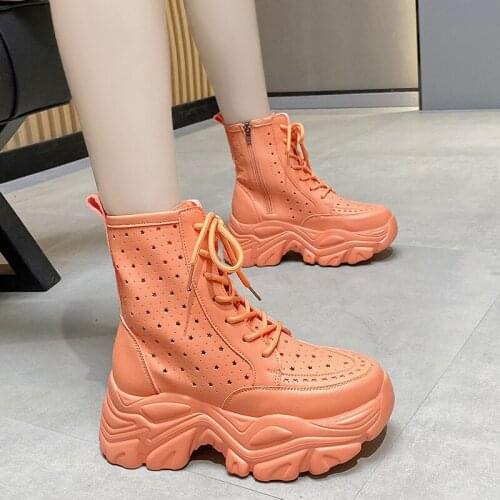 2021 New Platform Shoes Women Motorcycle Boots Fashion Breathable Casual Chunky High Heels Ankle Boots Women Lace Up Wedge Shoes