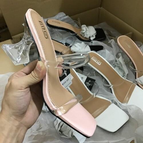 Womens sandals 2021 summer new word PVC chemical fiber material high-heel sandals horseshoe heel fashion party slippers 8CM