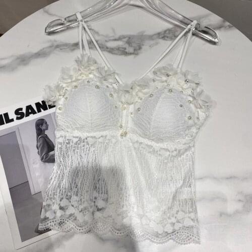 2021 Summer New Pearl Tassel Lace Three-Dimensional Petals Temperament Sling Vest Shirt Wome Inner Out Match Camisole Tanks