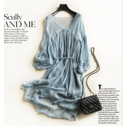 Summer Beach Dress New 100% Silk Women Blue Beige White dress Elegant Natural Fabric High Quality Hot Selling Free Shipping