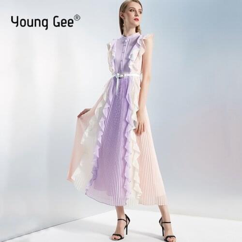 Young Gee Fashion Fairy Stand Collar Contrast Color Sleeveless Pleated Chiffon Dress Women Belt Slim Temperament Big Swing Dress