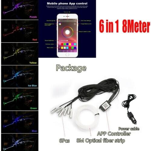 6in1 8M Universal Car App Control RGB LED Neon Atmosphere Light Neon Strip Optic Fiber Bluetooth