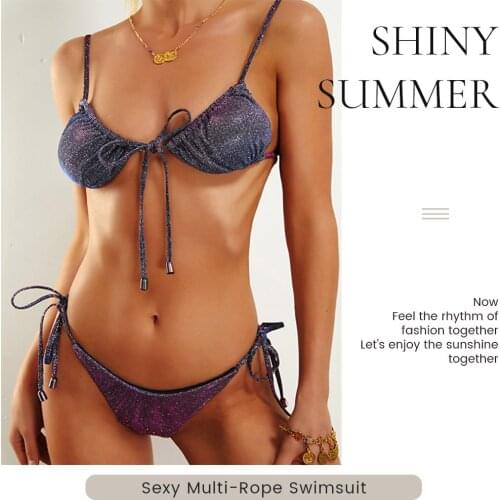 Swimsuits Bikinis 2021 Summer Bikinis Set Glitter Powder Woman Bathing Suits 2 Piece Lace Up Separate Beachwear Thong Tankinis