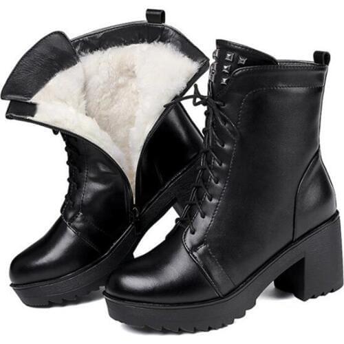 2021 New Winter Ankle Boots for Women Black Shoes Large Size Warm Wool Snow Boots Comfortable Thick Heel Genuine Leather Boots