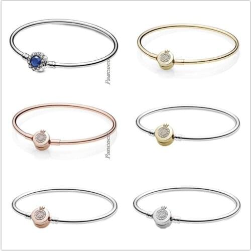 Authentic 925 Sterling Silver Bracelet Moments Sparkling Crown O Clasp Snake Chain Bangle Fit Bead Charm Diy Fashion Jewelry