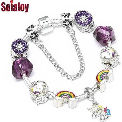 SEILAOY Rainbow Unicorn Charm Bracelets For Women Men Original Purple Rhinestone Crystal Bead Couple Bracelet Bangle Gift