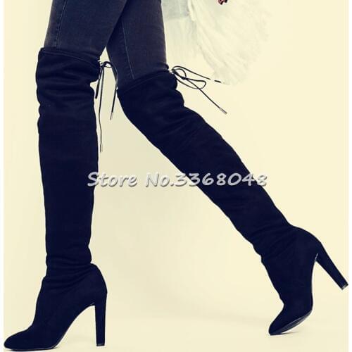 Kid Suede Dress Boots Shoes Chunky High Heel Long Stiletto Women Over The Knee Boots Stretch Sexy Lace Up Fashion Shoes 2018
