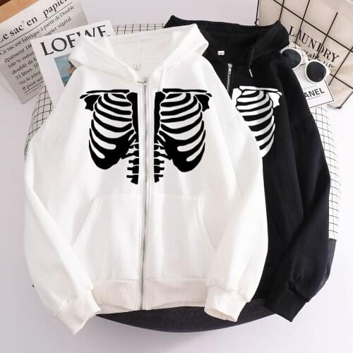 Zip Up Hoodie Streetwear Graphic Sweatshirt Skeleton Pullover Women with Zipper Punk Clothes Jacket Korean Style Top Warm Jacket