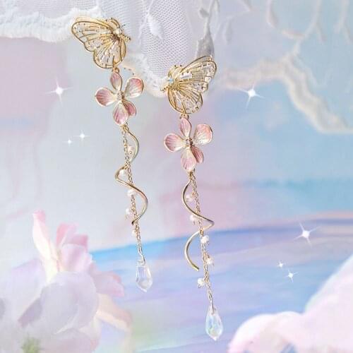 Korean Pink Flower Zircon Tassel Pearl Sweet Fashion Jewelry Butterfly Earrings Drop Earrings S925 Silver Needle