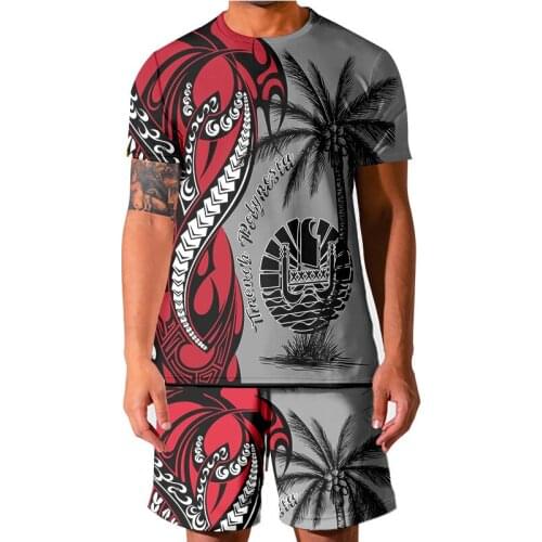 Summer Beach Tahiti Polynesia 3D Print Two Piece Sets For Men Short Sleeve Shirt And Drawstring Shorts Suits Casual Male Outfit