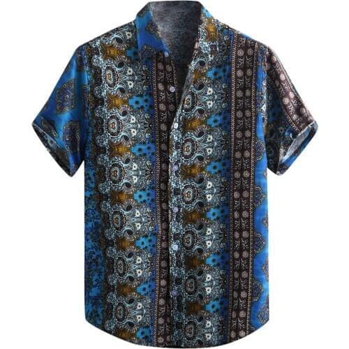 Summer 2020 Mens Ethnic Short Sleeve Casual Cotton Sunflower Printing Hawaiian Shirt Blouse Streetwear Camisas Mens Shirts Tops