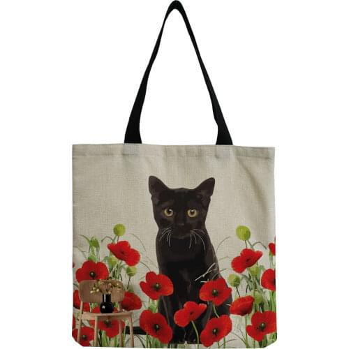 Fashion Red Floral Black Cat Printing Women Handbag Foldable High Capacity Tote Bags Female Shoulder Bag Linen Custom Pattern