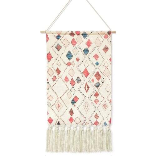 Wall Hanging Geometric Rhombus Tapestry with Macrame,Boho Handmade Woven Tapestry,for Apartment Home Decor