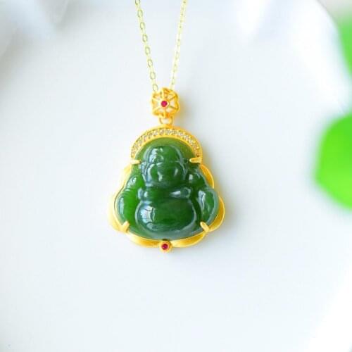 Jade Buddha Statue Pendant Female Maitreya Genuine Laughing Buddha Statue Big Belly Maitreya Natural Hetian Jade Green Jade Jade