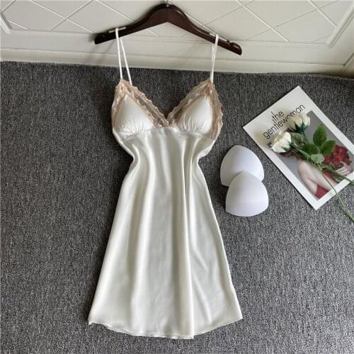 Spaghetti Strap Nightdress Women Lace Nightgown Satin Sleepwear Sexy Soft Intimate Lingerie With Pads Summer New Home Clothes