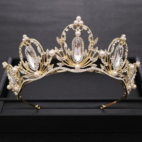 New Vintage Pearl Baroque Crystal Gold Queen Crown for Wedding tiara Bridal Headpiece Hair Jewelry Wedding Hair Accessories