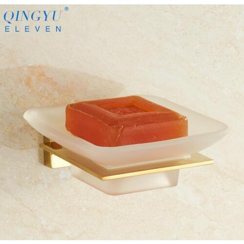 QINGYU ELEVEN New Gold Stainless Steel Soap Dishes Frosted Glass soap basket Wall mounted Bathroom Soap Dish
