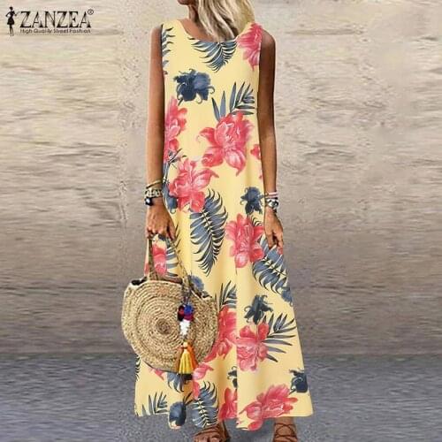 ZANZEA Women Dress Summer Sleeveless Floral Beach Sundress Bohemian Party Flower Printed Long Sarafans Robe Femme Maxi Vestidos