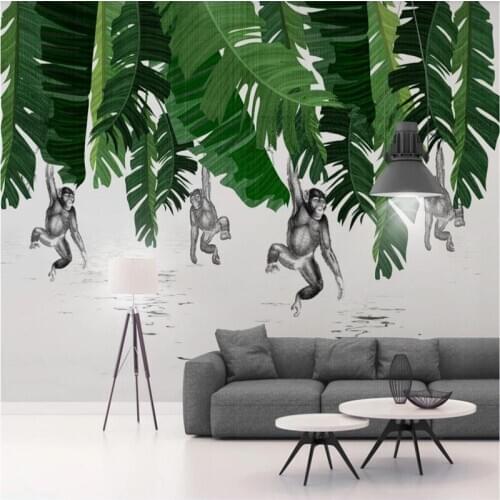 Custom 3D wallpaper Nordic modern minimalist banana leaf monkey plant background wall high-grade waterproof material