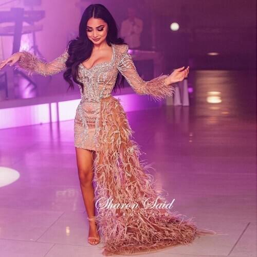 Luxury Coral Short Prom Dresses with Feather Train Long Sleeve Dubai Women Wedding Party Evening Gowns Cocktail Graduation Dress