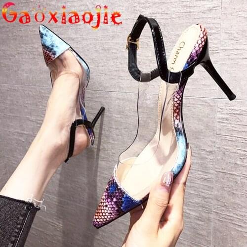 Women Shoes Summer New Shallow Mouth Pointed Toe Sexy Snake Skin Pattern Sandals Fashion Buckle Strap Office High-Heeled Shoes