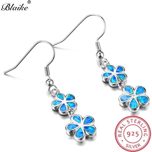 Blaike 925 Sterling Silver Cherry Flower Drop Earrings For Women Blue Fire Opal Earrings Female Rainbow Wedding Dangle Earrings