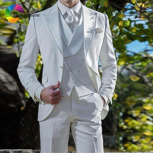 Italian Ivory Wedding Suits for Men Custom Made Best Man Blazers Suit Slim Fit Groom Tuxedos 3 Pieces Jacket Pants Vest Party