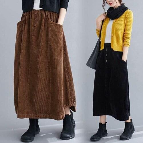 Vintage Corduroy Skirt Womens Mid-Length Autumn High-Waist Retro Plus Size Wild A-Line Fashion Hem Design Skirt Faldas Y1073
