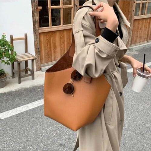 Women shoulder bag camel large capacity bucket bag casual luxury leather ladies bag black 2021 new