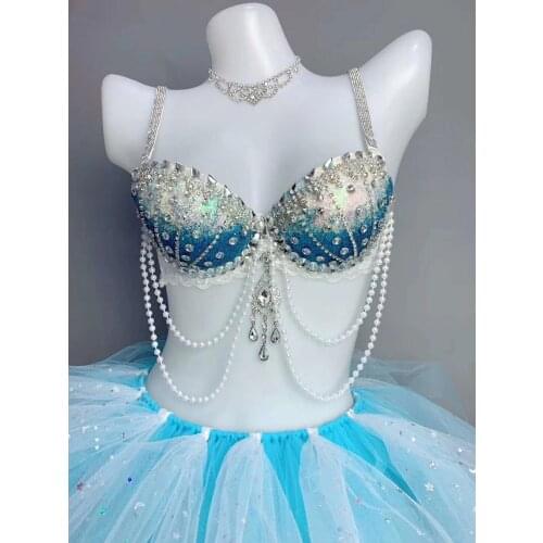 Women Crystal Bikini Sets Sexy Bra+feather Bubble Skirt Nightclub Pole Dance Outfits Set Celebration Singer Performance Costumes