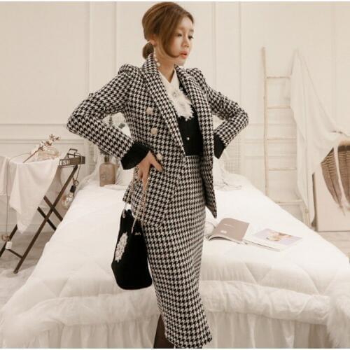 2019 Fashion new casual office OL womens temperament Slim houndstooth long-sleeved blazer + split bag hip skirt suit TB190309