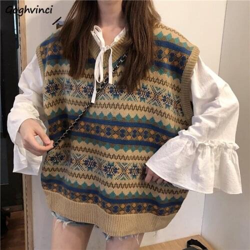 Sweaters Vests Women Autumn Knitted Vintage Sleeveless Loose Preppy Style Students Korean Stylish Chic Gentle Casual Tops Ins