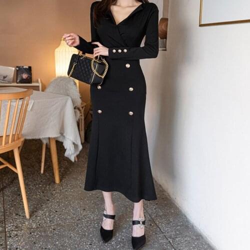 Autumn spring fashion thick solid formal trumpet dress new arrival double breasted work style elegant vintage long mermaid dress