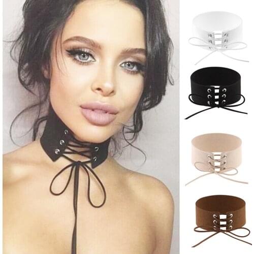 Gothic Vintage Lace Up Anime Choker Necklace Women Jewelery Black Wide Ribbon Chocker Leather Collier #91599