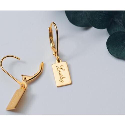 1pair Real. 925 Sterling Silver jewelry Gold /White letters engraved Rectangle dangle earrings GTLE2661