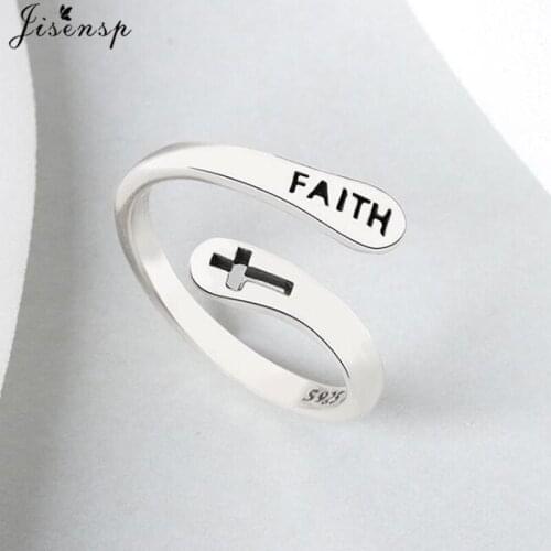 2021 Trendy Adjustable Faith Cross Letter Round Engagement Rings for Women Men Silver Color Christian Jewelry Anillos Mujer