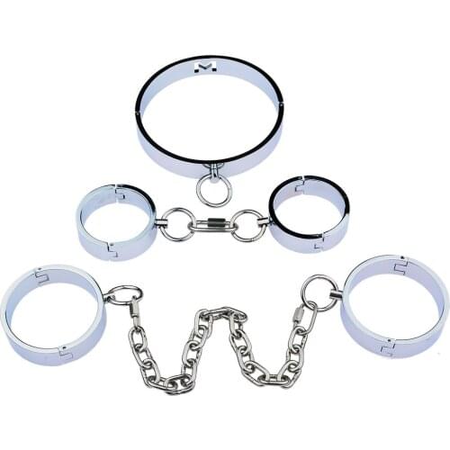 3 Pcs/set SM Heavey Chain Stainless Steel Bondage Set with Handcuffs Anklecuffs Neck Collar Bdsm Restraint Slave Role Play
